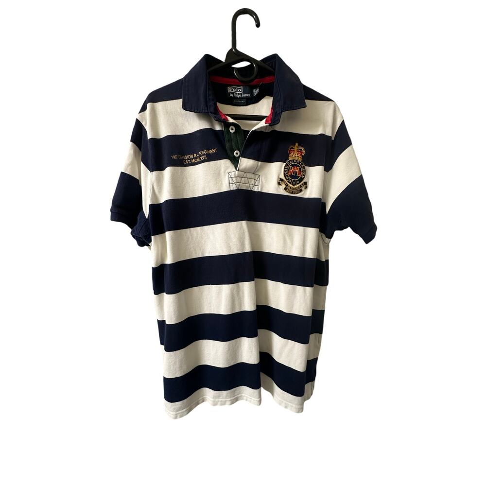 Polo Ralph Lauren Rugby Shirt Men’s XL Custom Fit Navy White Striped Crest Polo - Picture 2 of 6